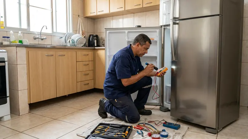 Técnico testando o termostato e a temperatura da geladeira